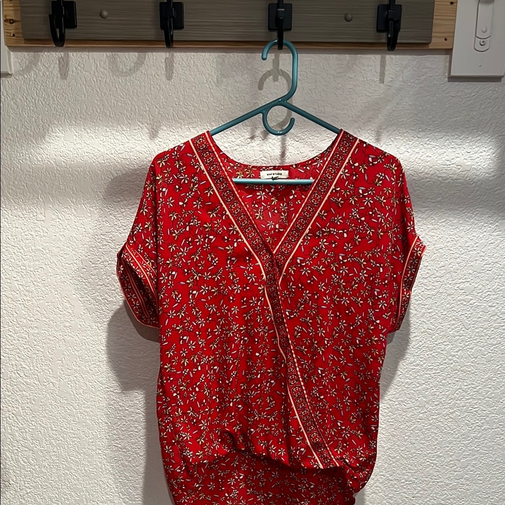 Max Studio Red and White Short Sleeve Wrap Blouse